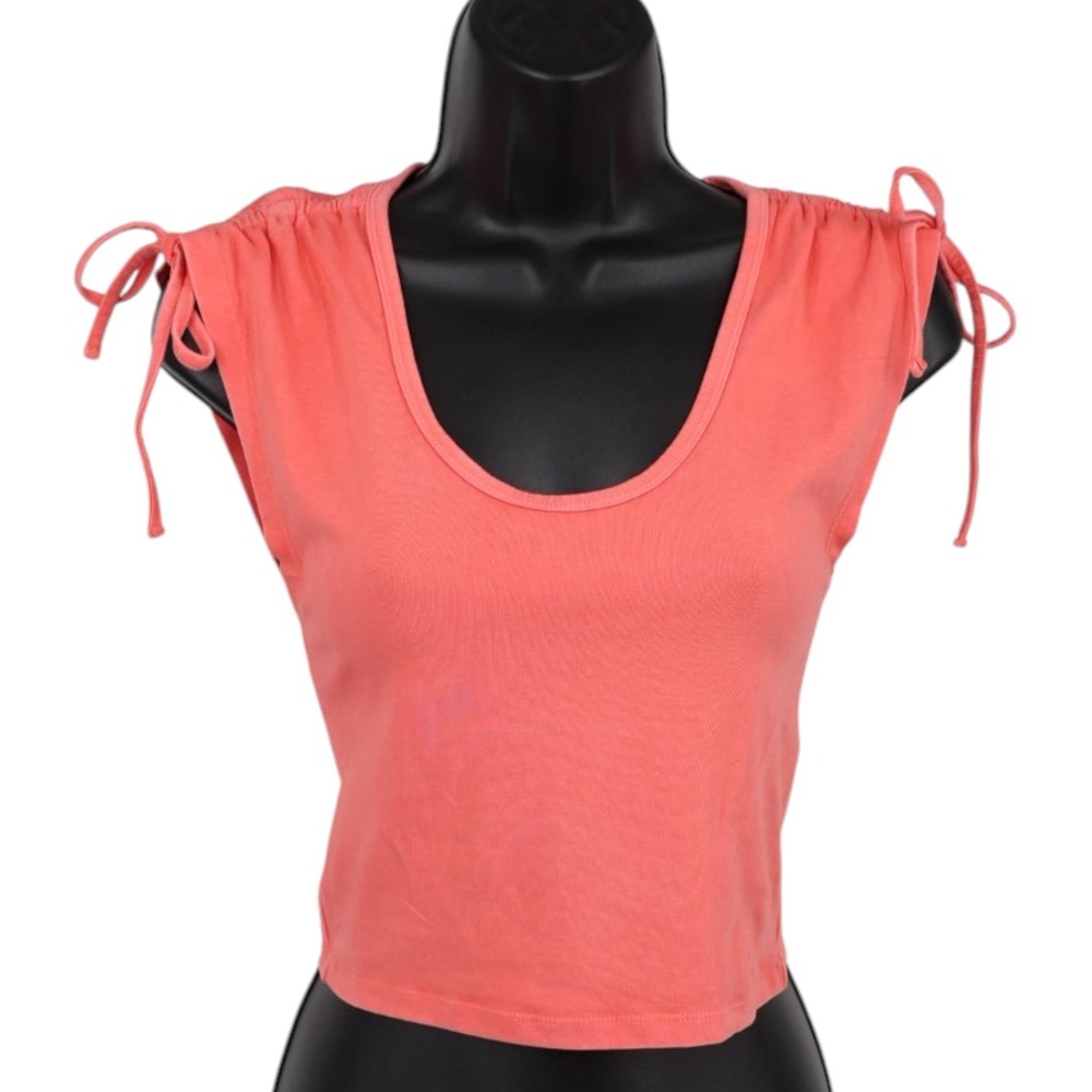 Coral Tie Shoulder Crop Top Scoop Neck Fitted Baby Tee Stretch XXS AE